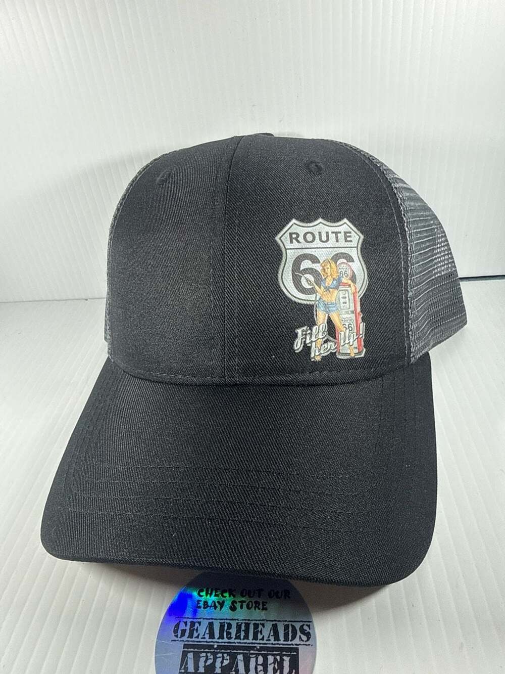 Route 66 pinup girl Trucker Hat – Black/gray mesh SnapBack